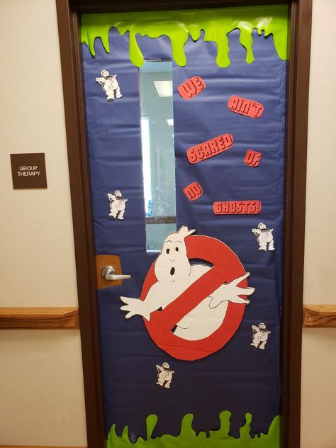 Halloween Ghostbusters door Ghostbusters Door Decorations Classroom, Ghost Busters Door Decorations Classroom, Ghostbusters Classroom Door, Ghost Busters Door Decorations, Ghostbuster Classroom Door Decoration, Ghostbusters Door Decorations, Door Ideas Halloween, Ghostbuster Halloween Door, Ghost Classroom Door