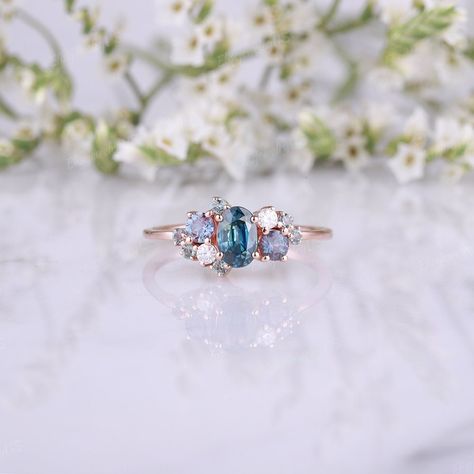 Opal Sapphire Engagement Ring, Alexandrite Cluster Ring, Non Traditional Rings Engagement, Sapphire Engagement Ring Oval, Blue Green Sapphire Engagement Ring, Sparkly Rings, Gemstone Rings Unique, Oval Sapphire Engagement Ring, Engagement Ring Oval Cut