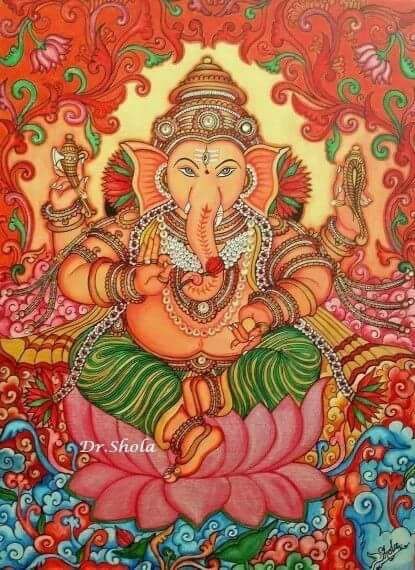 Kerla Murals, Gods Drawing, Baby Logo Design, Indian Traditional Paintings, Mural Paintings, Gayatri Devi, Ganesh Art Paintings, Saraswati Devi, Painting Styles