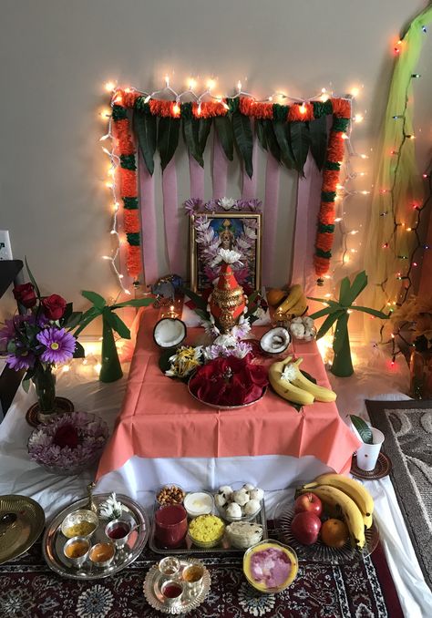 Varalakshmi vratham 2017 Pooja Background Decoration, Pooja Setup, Pooja Background, Background Decoration Ideas, Tulsi Pooja, Krishna Decoration, Gauri Decoration, Eco Friendly Ganpati Decoration, Laxmi Pooja