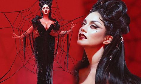 Vanessa Hudgens celebrates Halloween early as the spooky Black Widow Vanessa Hudgens Spider, Black Widow Vanessa Hudgens, Vanessa Hudgens Vampire, Vanessa Hudgens Black Widow, Villain Era Photoshoot, Vanessa Hudgens Halloween, Vampire Shoot, Spooky Women, The Black Widow