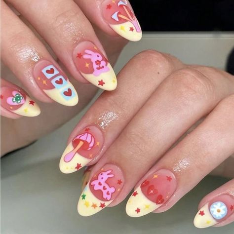 24pcs Medium Almond Shaped False Nails, French-Style Pink Heart, Rabbit, Mushroom Patterned Covering And Detachable Women's Nail Art Set For Parties, Dance Parties And Daily Wear Soft Life Nails, Princess Bubblegum Nails, Short Creative Nails, Pink Mushroom Nails, Candy Nails Acrylic, Cute Gel X Nails, Girly Nails Acrylic, Carnival Nails Designs, Care Bear Nails