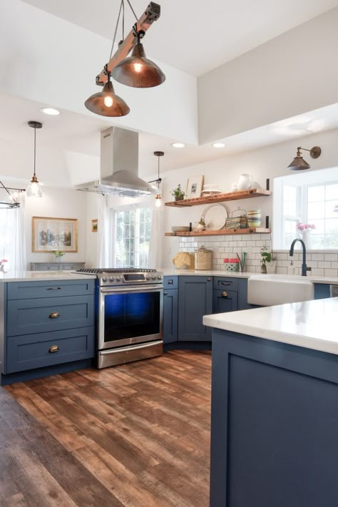 Blue Bottom Cabinets White Top, Blue Lower Cabinets White Upper, Dark Lower Cabinets Light Upper, Blue Lower Kitchen Cabinets, Big Brick House, Blue Lower Cabinets, Blue And White Kitchen Cabinets, Dark Lower Cabinets, Navy Blue Cabinets