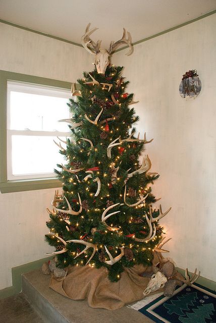 With Galvanized tub at base and a few shot gun shells over some lights...Yep..there's our Christmas tree this yr ha ha! Christmas Tree Inspiration Red, Antler Decorations, Elk Horns, Antler Christmas Tree, Antler Tree, Heavenly Christmas, Neck Ideas, Camo Christmas, Antler Christmas