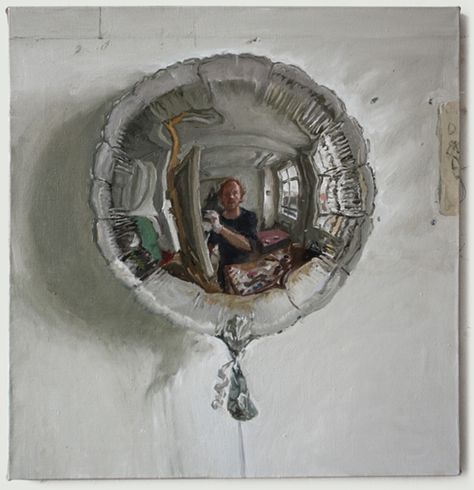 Self-portrait in a small silver balloon - James Lloyd Reflective Self Portraits, Painting Of Reflection, Reflective Surfaces Art, Reflection Art Igcse, Reflections In Art, Reflection Gcse Art, Reflection Art Drawings, Ap Art Ideas, Paint Self Portrait