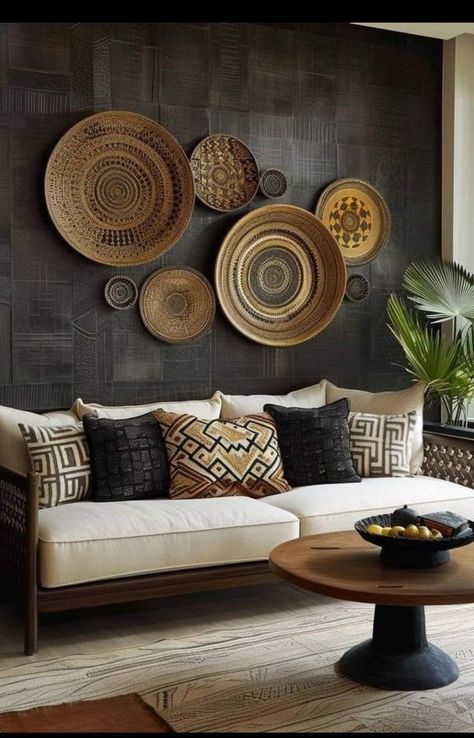 Boho Feature Wall Living Room, Bohemian Wall Decor Living Room, Kenyan Decor, Wall Hanging Ideas Living Room, African Living Room Ideas, Bohemian Interior Style, Afrohemian Decor, African Themed Living Room, African Decor Living Room