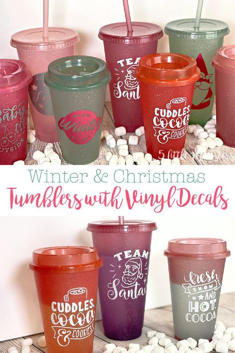 Add winter and Christmas themed vinyl decals to hot and cold color changing tumblers for a fun holiday gift. Color Changing Cups Vinyl Ideas, Christmas Tumbler Ideas Vinyl, Cricut Christmas Ideas, Traditions To Start, Christmas Cups, Holiday Boutique, Cute Diy Projects, Winter And Christmas, Holiday Cups