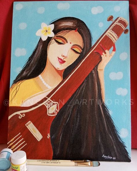 Acrylic painting on canvas of maa Saraswati Saraswati Watercolor Painting, Saraswati Acrylic Painting, Saraswati Canvas Painting, Maa Saraswati Painting, Saraswati Maa Drawing, Maa Saraswati Drawing, Asthetic Paintings Canvases, Chokher Bali, Saraswati Drawing