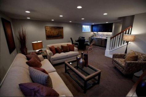 Like the location of the kitchenette by the smaller window in our basement. Also like the canned lights. #thebasement Carpet Basement Ideas, Basement With Carpet, Brown Carpet Living Room, Carpet Basement, Dark Brown Carpet, Small Basement Remodel, Basement Guest Rooms, Basement Remodel Diy, Carpet Ideas