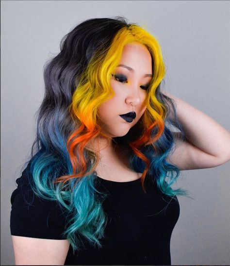 Vivid Hair Color Blocking, Rainbow Money Piece, Vivid Money Piece Hair, Vivid Hair Color Ideas For Brunettes, Hair Money Piece, Bold Money Piece, Alternative Beauty, Money Piece Hair, Hidden Hair Color