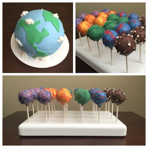 Earth cake and planet cake pops. Made September 2015. 321 Blastoff Birthday, Outer Space Cake Pops, Earth Tone Cake, 321 Blast Off Birthday, Planet Cake Pops, Cake And Cake Pops, Solar System Cake, Science Cake, Earth Cake