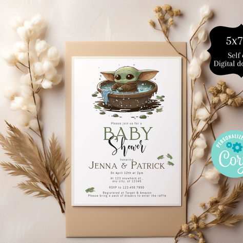 Star Wars Baby Shower Invite, Do It Yourself 5x7 IN, Baby Yoda Shower Invite, Self Edit, Corjl #green #babyshower #brown #lunavon #digitalinvitations #babyyodashower #yodainvitation #babygroguinvite #frogshowerinvite Baby Yoda Baby Shower Theme, Diaper Shower Invitations, Lucas Baby, Star Wars Baby Shower, Star Wars Background, Honey Bun, Star Shower, Baby Shower Invite, Star Wars Baby