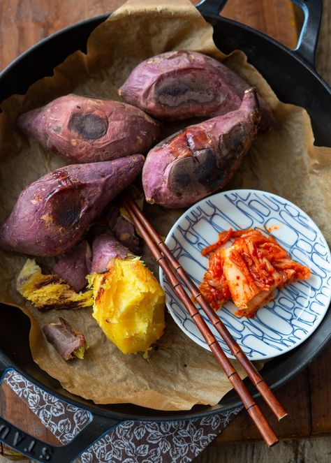 Roasted Korean Sweet Potato, Sweet Potato And Kimchi, Purple Sweet Potato Recipes Japanese, Sweet Potato Kimchi, Korean Winter Recipes, Korean Yam Recipes, Sweet Potato Japanese, Healthy Korean Food Diet, Korean Home Cooking