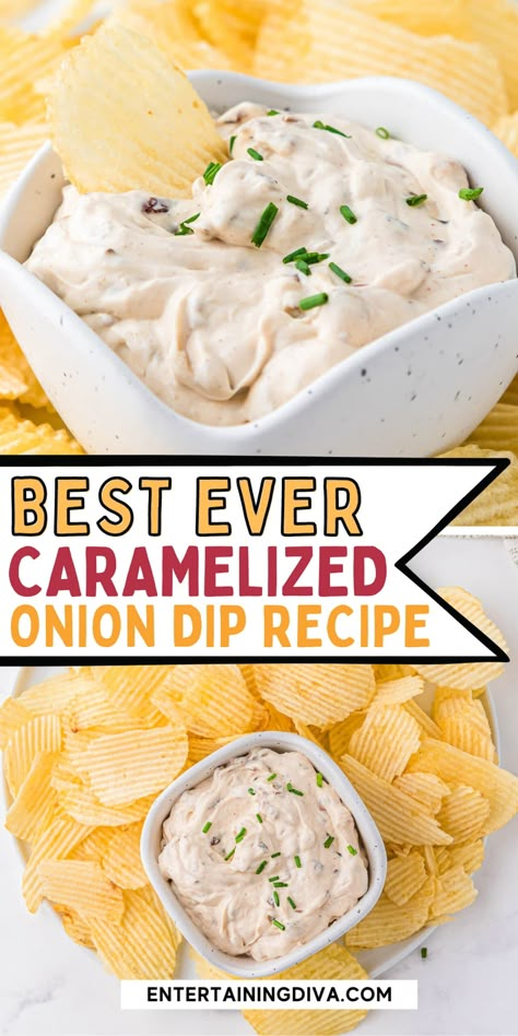 Homemade Caramelized Onion Dip (With Sour Cream) Pretzel Crisps Dip, Onion Dip Recipe Easy, Bagel Crisps, Party Appetizers For A Crowd, Cold Dip Recipes, Cold Dip, Best Dip Recipes, Onion Dip Recipe, Dip Recipes Appetizers