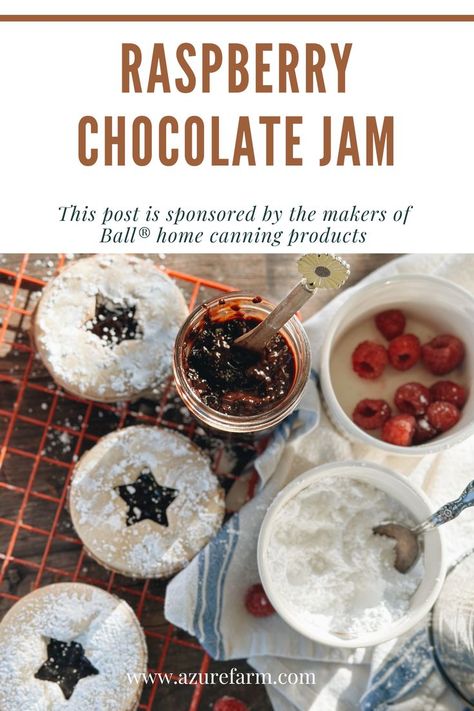 A delicious chocolate raspberry jam perfect for the holidays! The perfect balance of sweetness and tartness and the lower sugar content allow the flavors of the raspberries and cocoa to shine through. Get the recipe, plus a second recipe for the delicious shortbread cookie you can make with the jam over on my blog. Link for the beautiful Ball®Quilted Crystal Jars https://bit.ly/3Vk8X7u #Ballhomecanningambassador, #Ballhomecanning and #NewellBrands #homemadejam #canningrecipe Raspberry Chocolate Jam Recipe, Christmas Jam With Powdered Pectin, Raspberry Jam Recipe No Pectin, Sure Jell Raspberry Jam Recipe, Raspberry Jam Small Batch, Chocolate Raspberry Jam, Crystal Jars, Chocolate Jam, Azure Farm