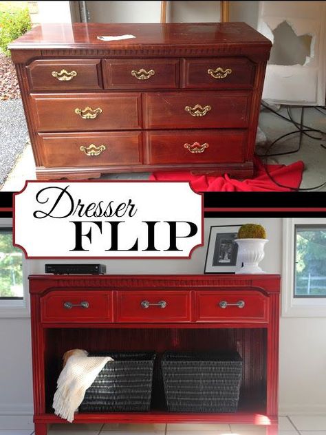 DIY~ UPcycle a Thrift Store dresser to entryway console or sofa table ~ LOVE this! Dresser Flips, Dresser Tv Stand, Diy Furniture Hacks, Diy Upcycle, Furniture Hacks, Cool Ideas, Refurbished Furniture, Flipping Furniture, Redo Furniture