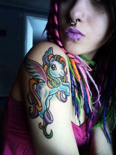 So much cuteness our head is about to explode with these awesome #MyLittlePony #tattoos! Rainbow Dash Tattoo, Dash Tattoo, Childhood Tattoos, Mlp Tattoo, Pony Tattoo, My Little Pony Tattoo, Unicorn Tattoo, Bright Tattoos, Unicorn Tattoos