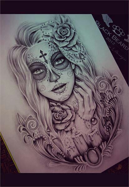 Beautiful day of the dead girl tattoo drawing Day Of The Dead Tattoo Designs, La Muerte Tattoo, Day Of The Dead Girl, Art Chicano, Catrina Tattoo, Girls With Sleeve Tattoos, Sugar Skull Girl, Kunst Tattoos, Sugar Skull Tattoos