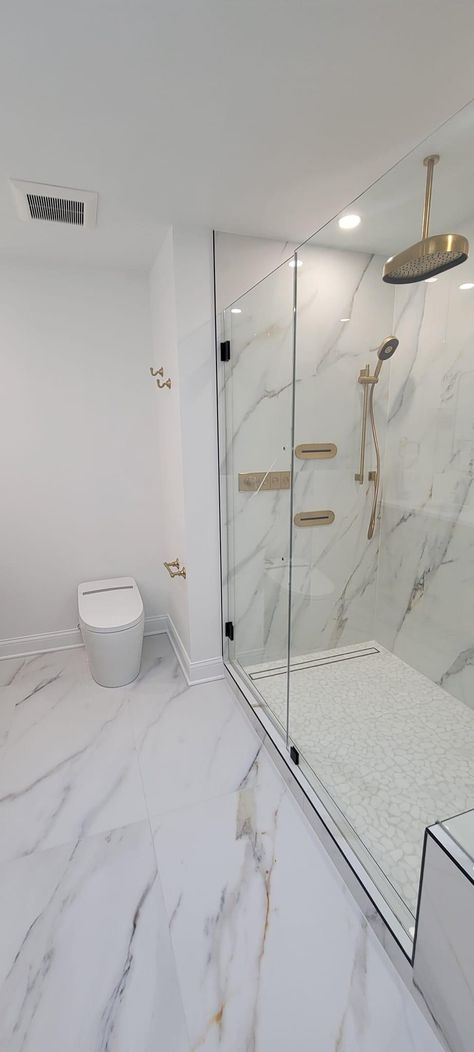 Pearly Bathroom Tiles, Shower Glass Panel Half Walls, Small Bathroom Big Tiles, Shower Tile Ideas Walk In Master, Large White Tile Shower Ideas, Big Tile In Shower, White Marble Bathroom Ideas, Bathroom With Shower Only, Black And White Modern Bathroom