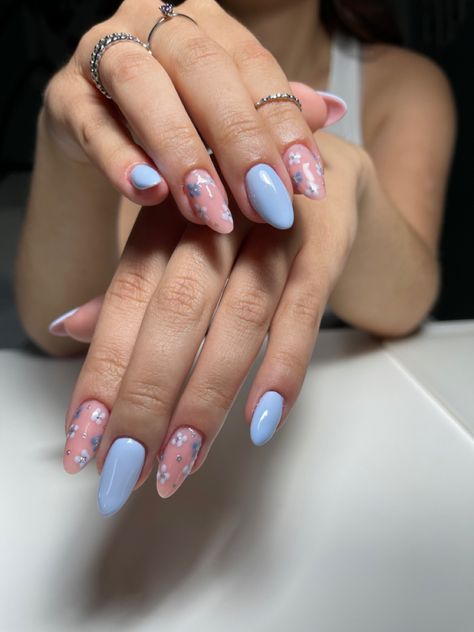 Pink And Blue Square Nails, Baby Pink And Blue Nails, Baby Blue And Pink Nails, Light Blue Nails With Flowers, Light Blue And Pink Nails, Blue Nails With Flowers, Nails With Flowers, Baby Pink Nails, Light Blue Nails