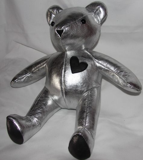 Big silver black heart leather teddy bear. This teddy bear is so cool! Has a black leather heart, black eyes and and a black leather nose. #leatherteddybear #teddybear #leather #cute Fabric Teddy Bear, Koi Footwear, Leather Heart, Paw Pads, Teddy Bear Pattern, Kinds Of Colors, Black Eyes, Chic Gifts, Bear Art