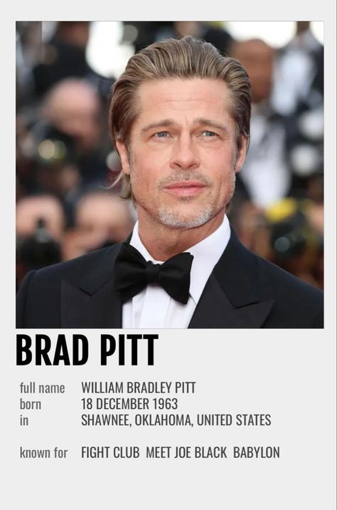 Brad Pitt Movies Posters, Brad Pitt Poster, Actor Poster, Brad Pitt Movies, Bradley Pitt, Celebrity Posters, Actors Birthday, Character Bio, Rennaissance Art