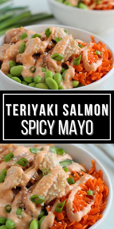 Dressing For Salmon Bowl, Salmon Rice Bowl Sauce, Sauce For Salmon Bowl, Teriyaki Salmon Rice Bowl, Teriyaki Salmon Bowl, Spicy Mayo Sauce, Healthy Sauce Recipes, Teriyaki Rice, Salmon Bowls