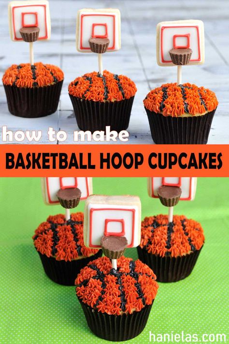 Easy Basketball Cupcakes, Basketball Deserts, Basketball Birthday Cupcakes, Basketball Cake For Boys Birthdays, Basketball Theme Cupcakes, Basketball Cakes For Boys, Basketball Cupcake Cake, Space Jam Cupcakes, Basketball Cakes Ideas