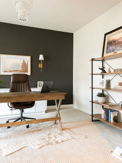 Accent wall in home office is urbane bronze Neutral Home Office, Accent Wall Paint Colors, Office Wall Colors, Masculine Home Office, Urbane Bronze, Green Accent Walls, Office Color, Home Office Colors, Accent Wall Paint