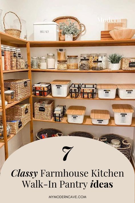 Welcome to farmhouse kitchen organization heaven! If you're looking to revamp your pantry and create a charmingly rustic space, these walk-in pantry ideas are exactly what you need. From open shelving to vintage-inspired storage solutions, we've compiled seven inspiring ideas that will bring both functionality and charm to your kitchen. Get ready to elevate your farmhouse style and transform your pantry into an organized oasis that complements the aesthetic of your home seamlessly. Farmhouse Style Pantry, Pantry Color Ideas, Rustic Walk In Pantry, Pantry Styling, Open Pantry Shelving Ideas, Farmhouse Pantry Shelving Ideas, Diy Walk In Pantry, Farmhouse Pantry Organization, Rustic Pantry Ideas