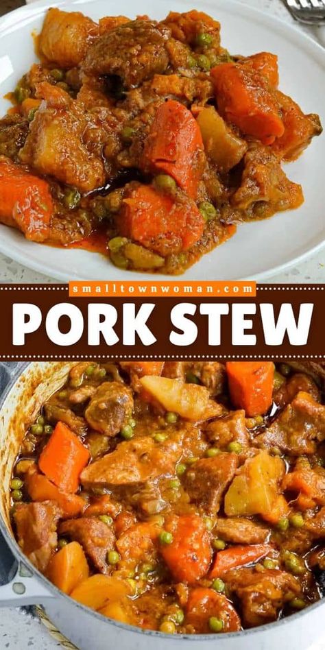 Your rotation of cozy dinner ideas won't be complete without some homemade stew! It's a comfort food recipe in just one pot. Hearty and flavorful, this easy pork stew will warm you up on a chilly night! Easy Pork Stew, Pork Chop Stew, Cozy Dinner Ideas, Pork Stew Meat Recipes, Homemade Stew, Pork Stew Meat, Tomato Beef, Pork Stew Recipes, Garlic Carrots