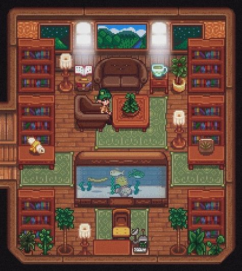 Stardew Valley Farmhouse, Stardew Farms, Library Study Room, Stardew Valley Tips, Stardew Valley Layout, Stardew Valley Farms, Valley Game, Stardew Valley Fanart, Library Study