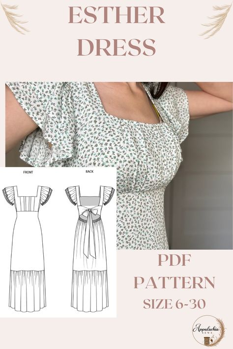 Esther Dress PDF Pattern Product Description: The Esther Dress is a charming and elegant piece that combines timeless design with a touch of whimsy. Crafted with utmost care and attention to detail, this dress is perfect for any special occasion or simply for embracing everyday cottagecore style. Its Cottagecore Ditsy fabric adds a delightful vintage-inspired element to the overall aesthetic of the dress. Whether you are searching for a thoughtful anniversary or birthday gift or simply want to t Brandy Melville Sewing Pattern, Modest Dress Patterns Sewing, Diy Dress Pattern Easy, Everyday Cottagecore, Upcycle Clothes Diy No Sew, Cotton Sewing Projects, Boho Sewing Patterns, Sewing Patterns Clothes, Dress Patterns Sewing