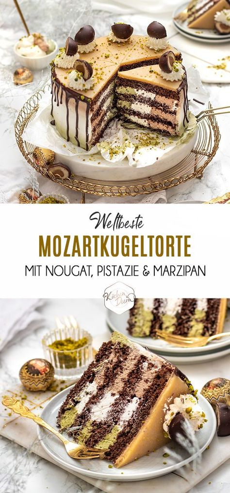 Mozart Cake, Marzipan Desserts, Chocolate Ganache Torte, Torte Cakes, Mocca Torte, Xmas Cake Recipes, Pistachio Marzipan, Nougat Cake, Hazelnut Torte