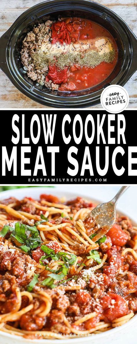 2 image collage with sauce ingredients in crock pot before being mixed and a plate of spaghetti noodles tossed with sauce, garnished with fresh sliced basil, and a fork scooping some up. Spaghetti Sauce Recipe Crockpot, Crock Pot Spaghetti Sauce, Crock Pot Spaghetti, Crockpot Spaghetti Sauce, Slow Cooker Spaghetti Sauce, Slow Cooker Meat, Crockpot Meat, Crockpot Spaghetti, Slow Cooker Spaghetti