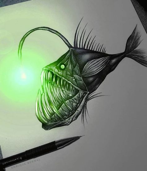 Beautiful Pencil Drawings, Digital Sculpture, Fine Art Landscape Photography, Glowing Art, Angler Fish, Mexican Artists, Graphic Design Print, Fish Art, Art Plastique