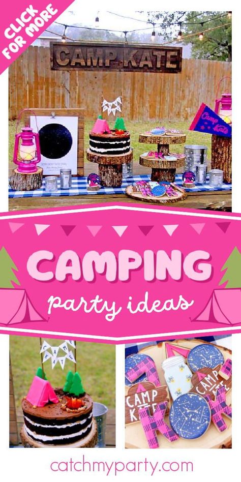 Seventh Birthday Party Themes, Rv Birthday Party Ideas, Kids Glamping Party, Backyard Glamping Birthday Party, Pink Camping Party, Girl Camping Birthday Party, Girls Glamping Birthday Party, Girls 9th Birthday Party Ideas, Camp Out Birthday Party Ideas