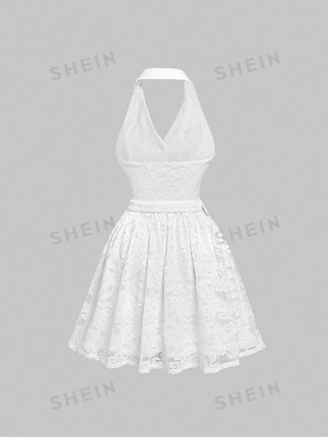 SHEIN MOD Summer Vintage Court-Style White Lace & Pearl Belted Halter Neck Backless Dress Graduation White Dress | SHEIN USA Halter White Dress, Halter V Neck Dress, Graduation White Dress, 8th Grade Graduation, White Halter Dress, Mod Vintage, Dress Graduation, Dress P, Summer Vintage