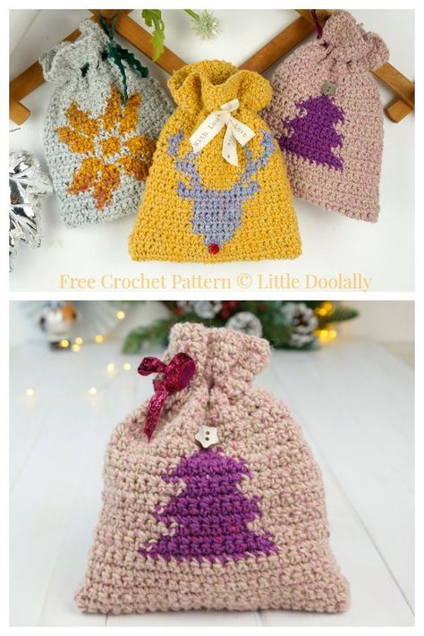 3 Christmas Gift Bag Free Crochet Patterns Crochet Christmas Gift Bags, Crochet Christmas Bags Free Pattern, Crochet Christmas Goodie Bags, Crochet Gift Bags Free Patterns, Christmas Crochet Bag, Christmas Gift Crochet, Crochet Gift Bags Christmas, Crochet Gift Bag, Crochet Santa Bag