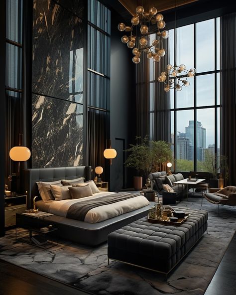 If my home looked like this, I would stay home all day✨🖤 We design spaces worldwide, find out more information on our website! #interiordesign #interior Black Marble Bedroom, Black Home Interior Design, Black Luxury Bedroom, Marble Accent Wall, Marble Bedroom, Dark Deco, Nyc Townhouse, Royal Room, Inspiring Homes