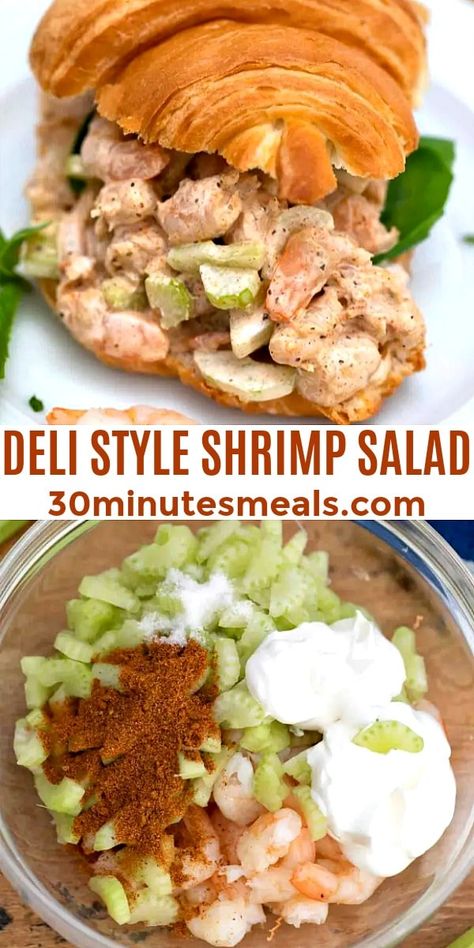 Deli Style Shrimp Salad - 30 minutes meals Bay Shrimp Salad Recipes, Shrimp Salad Wrap, Shrimp Salad Sandwich Recipes, Shrimp Salad Recipes Easy, Old Bay Shrimp Salad, Shrimp Ideas, Shrimp Salad Sandwich, Shrimp Burgers, Seafood Salads