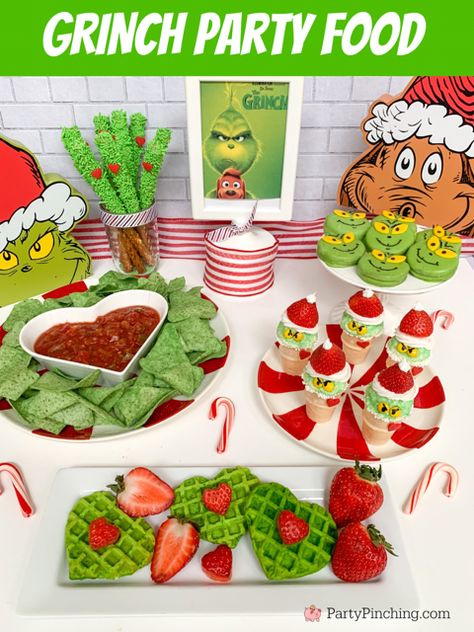 best grinch movie party food recipe ideas, easy best grinch food dessert snack movie party ideas recipes for kids, guacamole chips and salsa grinch, grinch movie, grinch max movie snacks party, grinchguacamole chips & salsa, grinch oreos cookies, grinch strawberry ice cream cones, grinch pretzel rods, grinch green heart waffles Grinch Christmas Snack Ideas, Healthy Grinch Food, Grinch Breakfast Ideas For Kids, Grinch Themed Food For Kids, Grinch Watch Party, Kids Christmas Party Ideas Food, Grinch Cupcakes Easy, Whoville Christmas Dinner, Grinch Appetizers Food Ideas