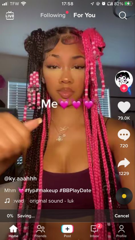 Box Braids Hairstyles Pink And Black, Braids For Black Women Pink And Black, All Pink Box Braids, Pink Nd Black Braids, Cute Box Braid Color Combinations, Pink And White Beads Braids, Split Dye Knotless Braids, Split Colored Box Braids, Split Dyed Hair Braids