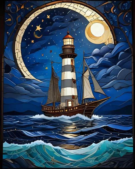 The painting depicts a majestic lighthouse surrounded by raging waves and a starry sky. A massive moon illuminates the path, creating an atmosphere of mystery and hope. Bright colors and sharp contrasts resemble stained glass technique.
Rich blue and golden hues are used.
#boat #lighthouse #sea Stained Glass Sea, Sea Painting, Starry Sky, Lighthouse, Bright Colors, Stained Glass, Paradise, Mosaic, Moon