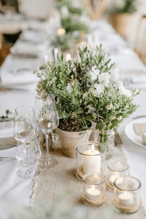 Pottery Wedding Table, Herb Table Setting, Herb Wedding Decor, Rustic Luxury Wedding, Modern Contemporary Wedding Decor, Herbs Centerpiece Wedding, Herbs Wedding Decor, Wine Bottle Table Decor, Wedding Setup Ideas