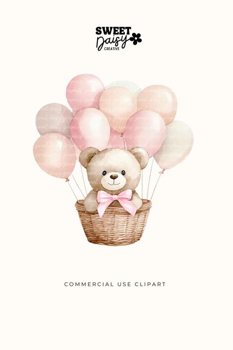 Bear in Basket With Balloons Clipart, Pink Teddy Clipart, Hot Air Balloon Bear,  We Can Bearly Wait Bear In Basket With Balloons, Hot Air Balloon Teddy Bear, Balloon Bear, Balloon Clipart, We Can Bearly Wait, Bearly Wait, Bear Clipart, Pink Teddy, Animal Clipart