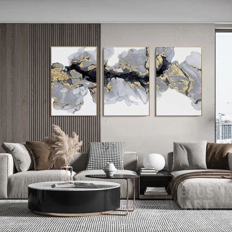 Set of 3 Gold and Black Abstract Prints Painting on Canvas 3 | Etsy South Korea Modern Living Room Wall, Abstract Mountain, Grand Art Mural, Framed Abstract, Blue Painting, Framed Wall Art Sets, Abstract Painting Acrylic, Wall Art Pictures, Art Framed