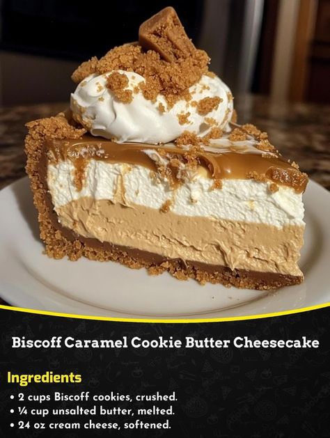 Recipes Lovers with Olivia | Biscoff Caramel Cookie Butter Cheesecake | Facebook Biscoff Strawberry Cheesecake, Biscoff Cookie Butter Recipes, Biscoff Pie, Biscoff Caramel, Butterscotch Cheesecake, Cookie Butter Cheesecake, Biscoff Recipes, Biscoff Cheesecake, Biscoff Cookie Butter