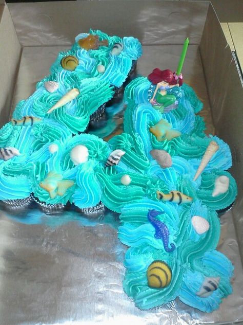 Little mermaid birthday Ariel Pull Apart Cupcake Cake, Number 10 Pull Apart Cupcakes, Number 4 Mermaid Cake, Ocean Pull Apart Cupcakes, Ariel Cupcake Cake, Ocean Cupcake Cake, Number 4 Cupcake Cake, Ideas Para Decorar Una Fiesta, Sea Cupcakes