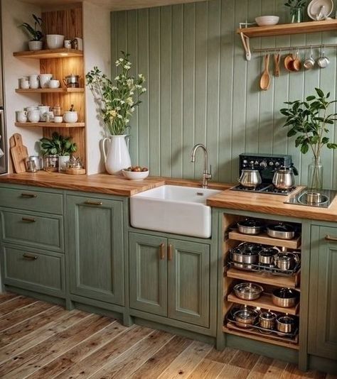 Modern Green Kitchen, Green Kitchen Aesthetic, Sage Kitchen, Green Kitchens, Sage Green Kitchen, Kitchens Ideas, Green Kitchen Cabinets, Kitchen Designer, Dream Kitchens Design